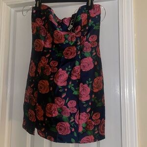 Lulus NORDSTROM Prom Spring Mini Dress strapless  navy and pink floral jacquard